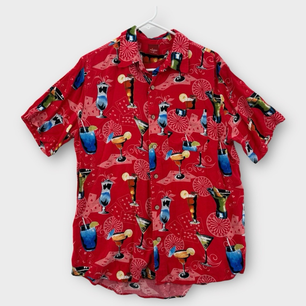 Junction West Hawaiian Shirt Mens Medium Rayon Alcohol Mai Tai‎ Vacation Red